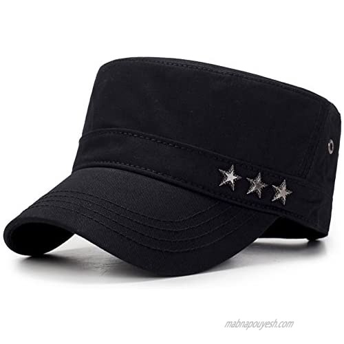 ChezAbbey Unisex Solid Brim Flat Top Cadet Caps Adjustable Snapback Corps Military Stylish Flat Top Hats Black