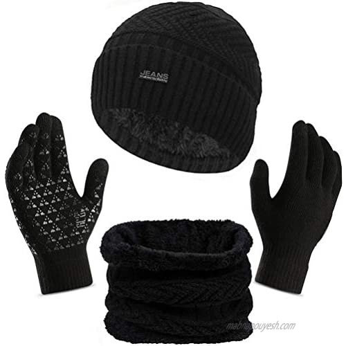 3Pcs Winter Beanie Hat Scarf Touch Screen Gloves Warm Knit Hat Thick Fleece Lined
