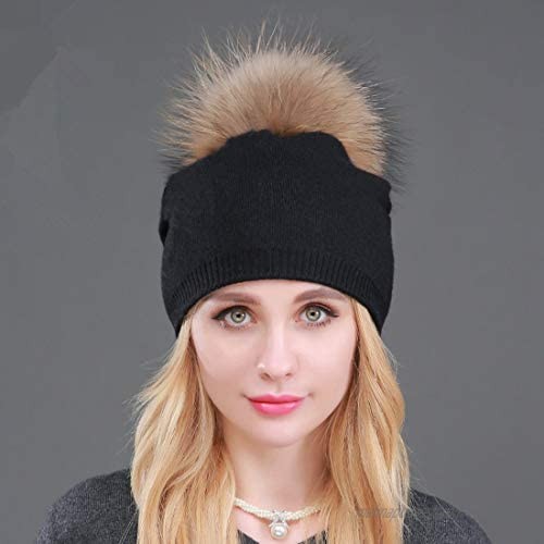 Facecozy Beanies for Women Winter Knit Wool Hats Lady Solid Cashmere Outdoor Ski Cap with 2 Pieces Real Fur Pom Pom Hats