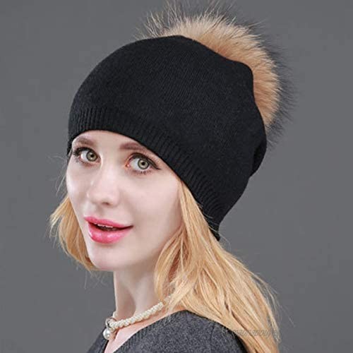 Facecozy Beanies for Women Winter Knit Wool Hats Lady Solid Cashmere Outdoor Ski Cap with 2 Pieces Real Fur Pom Pom Hats