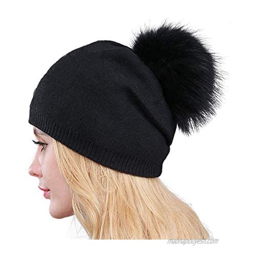 Facecozy Beanies for Women Winter  Knit Wool Hats Lady Solid Cashmere Outdoor Ski Cap with 2 Pieces Real Fur Pom Pom Hats