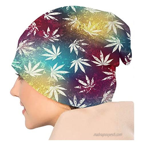 Gianlaima Rasta Cannabis Weed Marijuana White Tie Dye Colored Slouchy Beanies Knitted Hat Skull Cap for Men Women Headwear Sleep Cancer Chemo