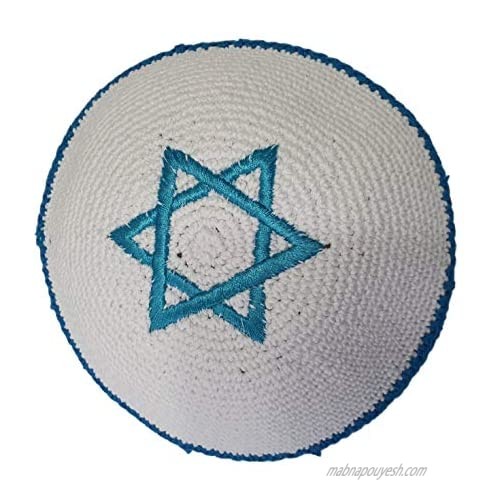 Jerusalem White with Light Blue Magen David Knitted Kippah 16cm