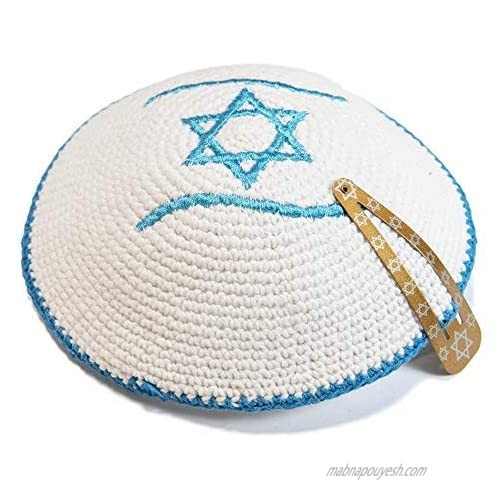 Knitted 18 cm White Magen David Kippah Jewish Kipa Israel Flag Yarmulke Synagogue