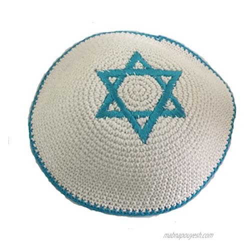 Knitted Jewish Kippah Yarmulke 15cm (White with Light Blue Magen David)