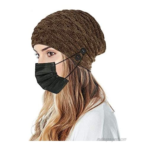 LUCKYBUNNY Women Men Fleece Beanie with 4 Buttons to Hold Face Cover  Winter Warm Knit Hat Skull Cap for Ear Protection