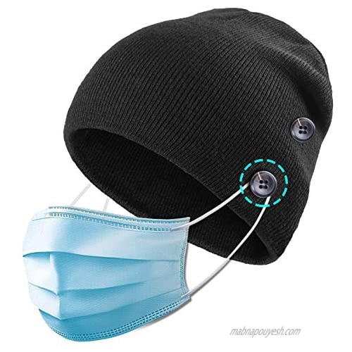 Winter Beanie Hat for Women Men  Stretchy Knit Hat with 4 Buttons to Hold Mask  Skull Caps  Mask Hat
