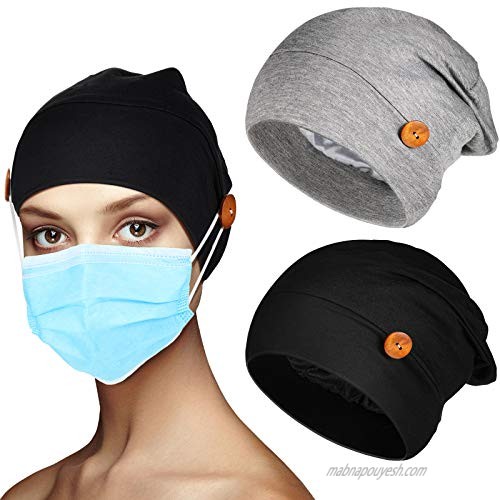 2 Pieces Thin Slouchy Beanies Cap Adjustable Satin Silk Lined Slouchy Beanie Hat Sleep Cap for Women Men (Pure Color Patterns) Black  Gray