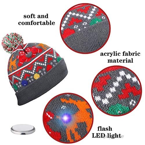 4 Pieces LED Christmas Knitted Hat Light Up Beanie Cap Unisex Novelty LED Winter Snow Hat with 6 Colorful LEDs