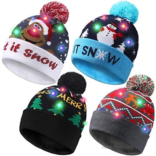 4 Pieces LED Christmas Knitted Hat Light Up Beanie Cap Unisex Novelty LED Winter Snow Hat with 6 Colorful LEDs