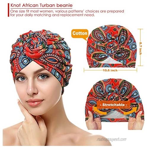 ASHILISIA 4 Pieces African Pattern Knot Headwrap Pre-Tied Bonnet Turban Beanie Cap for Women