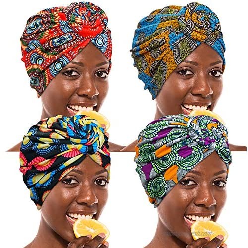 ASHILISIA 4 Pieces African Pattern Knot Headwrap  Pre-Tied Bonnet Turban Beanie Cap for Women