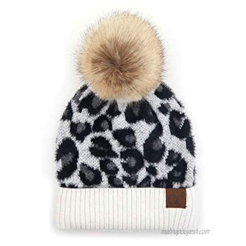 C.C Exclusives Soft Beanie hat with Leopard Pattern and Fur Pom(HAT-7001)(SF-7001)