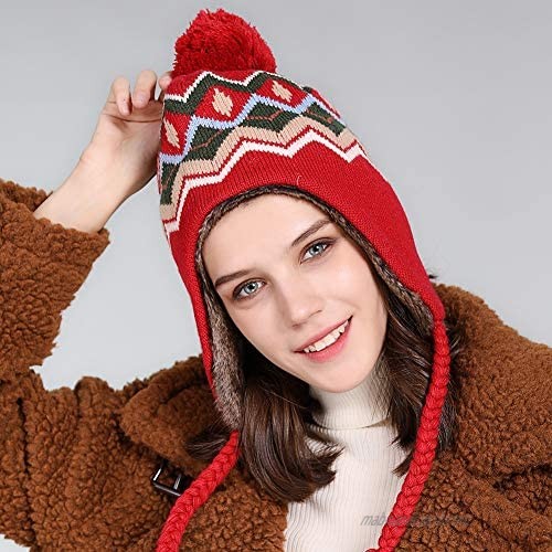Comhats Winter Thick Peruvian Beanie Hat for Women Girl Wool Warm Ski Earflap Pompom Fur Skull Cap