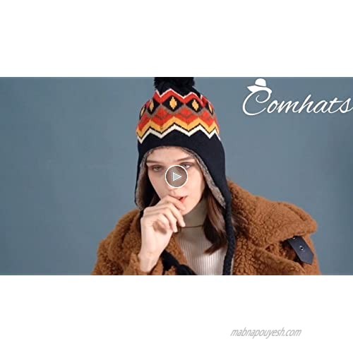 Comhats Winter Thick Peruvian Beanie Hat for Women Girl Wool Warm Ski Earflap Pompom Fur Skull Cap