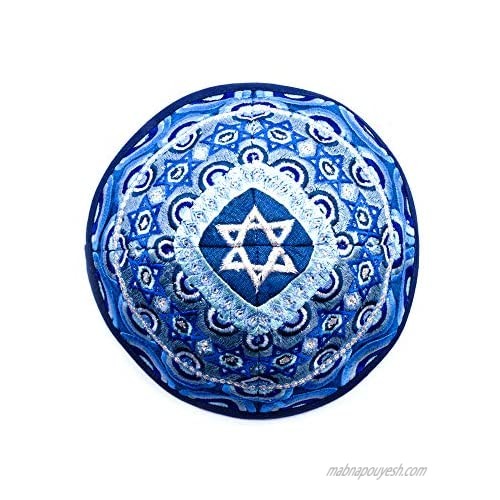EMANUEL Yair Kippah Yarmulkes & Yemenite Hat Judaica Embroidered Kippah Magen David Rainbow Blue (5-Pack)