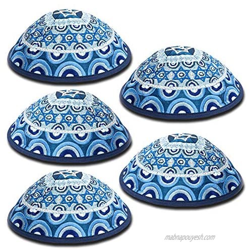 EMANUEL Yair Kippah Yarmulkes & Yemenite Hat Judaica Embroidered Kippah Magen David Rainbow Blue (5-Pack)