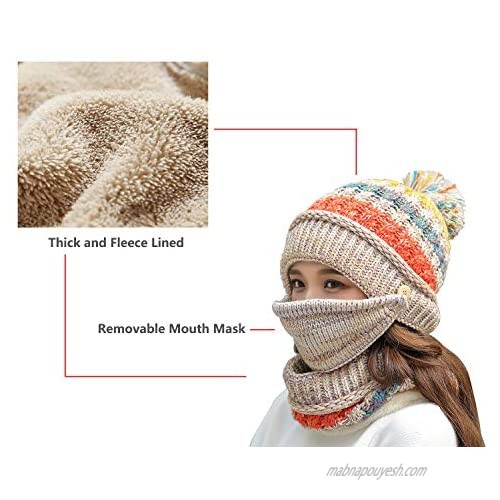 Fleece Lined Women Knit Beanie Scarf Mouth Mask Set for Girl Winter Ski Hat with Pompom