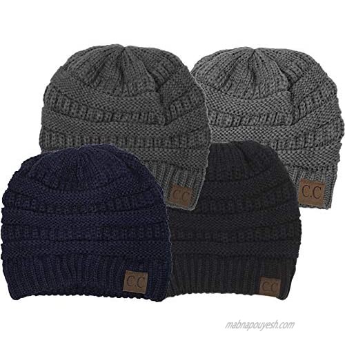 Funky Junque 4 Pack Solid Ribbed Beanie – Soft Stretch Cable Knit - Warm Skull Cap