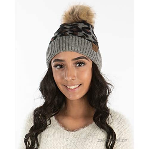 Funky Junque Womens Beanie Leopard Zebra Animal Print Warm Knit Faux Fur Pom Hat