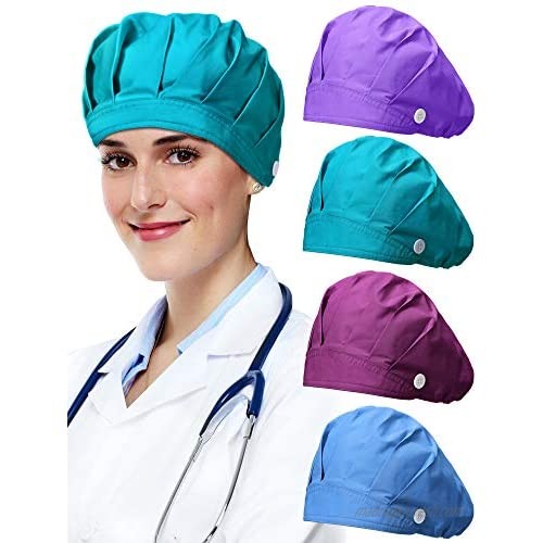 Geyoga 4 Pieces Adjustable Bouffant Cap with Buttons Sweatband Breathable Turban Hat Unisex Button Sweatband Cap