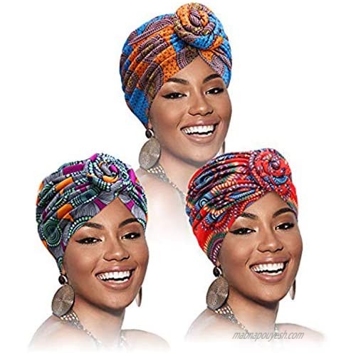 Gortin African Turban Pre-Tied Head Wraps India Hat Hairwrap Elastic Flower Knot Beanie Bonnet Cap Headbands Scarf for Women and Girls Pack of 3