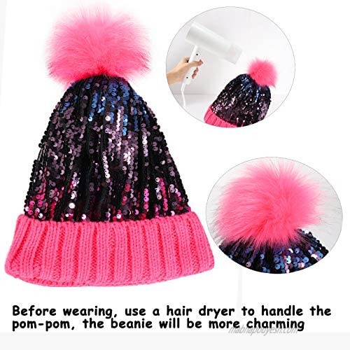 Homiton Women Sequin Knitted Beanie Hat with Faux Fur Pom-Pom Shiny Bling Skull Cap