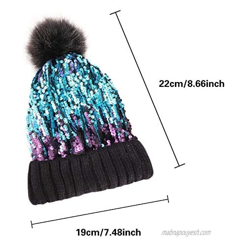 Homiton Women Sequin Knitted Beanie Hat with Faux Fur Pom-Pom Shiny Bling Skull Cap