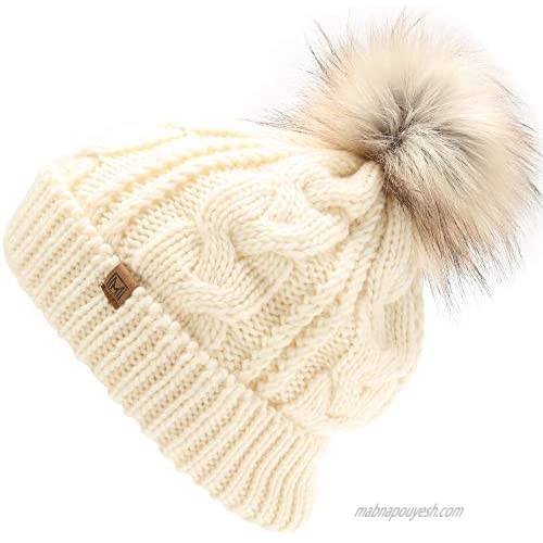 MIRMARU Women’s Soft Faux Fur Pom Pom Slouchy Beanie Hat with Sherpa Lined- Thick Soft Chunky and Warm