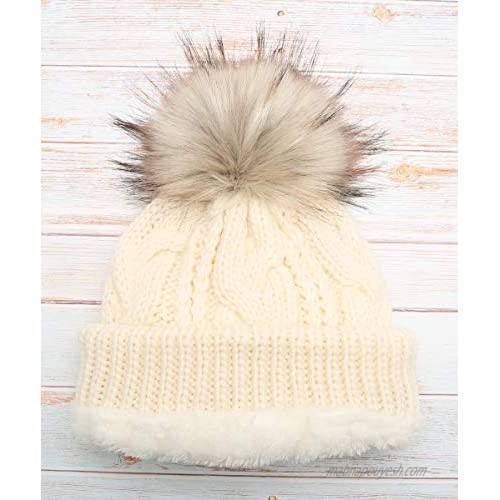 MIRMARU Women’s Soft Faux Fur Pom Pom Slouchy Beanie Hat with Sherpa Lined- Thick Soft Chunky and Warm