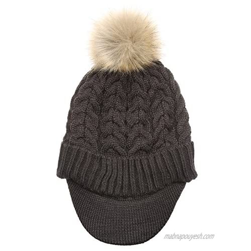 MIRMARU Women's Winter Warm Cable Knitted Visor Brim Pom Pom Beanie Hat with Soft Sherpa Lining.