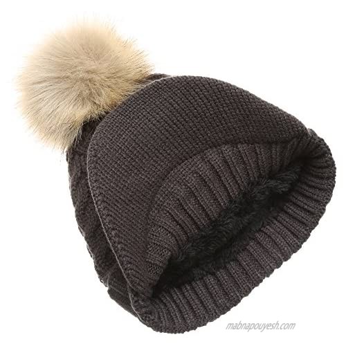 MIRMARU Women's Winter Warm Cable Knitted Visor Brim Pom Pom Beanie Hat with Soft Sherpa Lining.