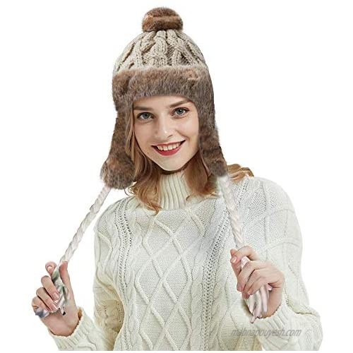 OMECHY Womens Knit Peruvian Beanie Hat Winter Warm Wool Crochet Tassel Peru Ski Hat Cap with Earflap Pom