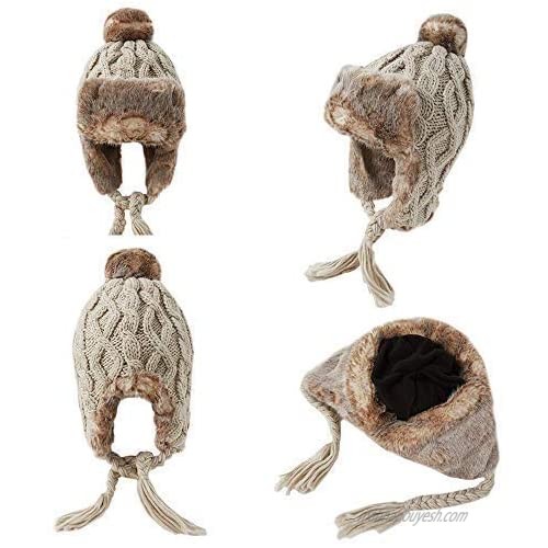 OMECHY Womens Knit Peruvian Beanie Hat Winter Warm Wool Crochet Tassel Peru Ski Hat Cap with Earflap Pom