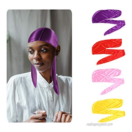 PIXNOR 8 Pieces Silky Soft Durag Cap Stain Silky Long Tail Headwrap Breathable Turban Hat Long Wide Straps Doo Durag Pirate Hat for Men and Women