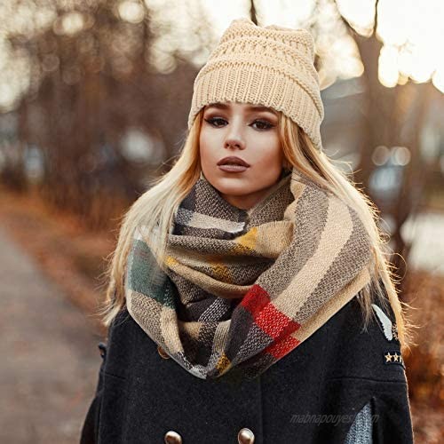 Plaid Print Infinity Scarf and Cable Knit Beanie Set Winter Warm Plaid Infinity Scarf Stretch Knit Beanie Skull Cap for Women