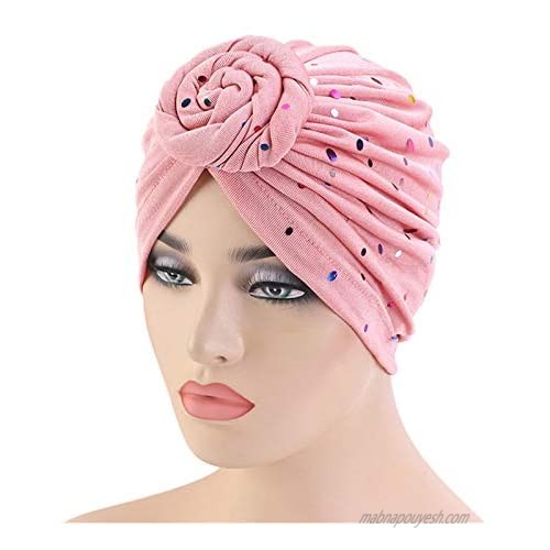 Qianmome Sequined African Turban Flower Knot Pre-Tied Bonnet Beanie Cap Headwrap Headband
