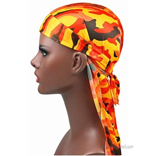 Sejardin Colorful Military Camouflage Waves Long Tail Caps Bandana Turban Silky Durag Headwraps for Men and Women