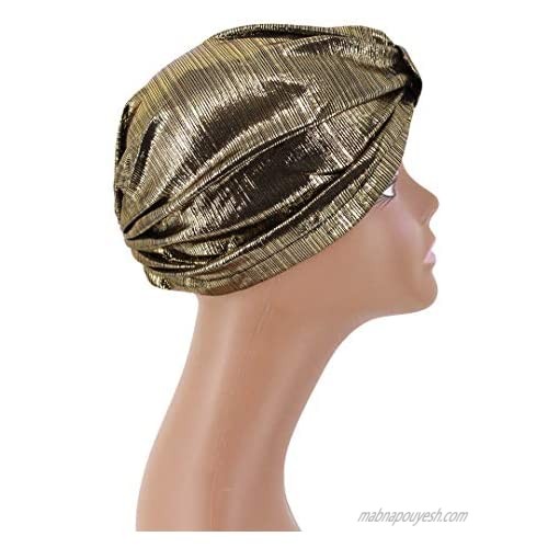 Surkat Shiny Metallic Turban Cap Indian Pleated Headwrap Swami Hat Chemo Cap for Women