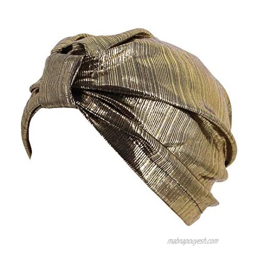 Surkat Shiny Metallic Turban Cap Indian Pleated Headwrap Swami Hat Chemo Cap for Women