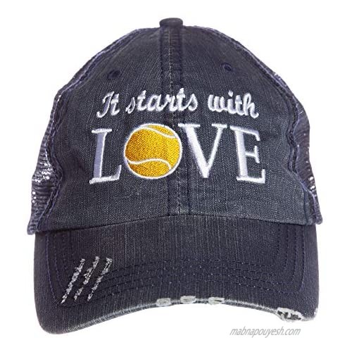 Tennis Addiction - It Starts with Love - Trucker Distressed Hat Cap - Tennis Gift Navy