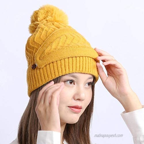 TOPHOPE Zigzag Pattern Knit Faux Fuzzy Fur Pom Coral Fleece Lined Skull Cap Cuff Beanie with Removable Patch