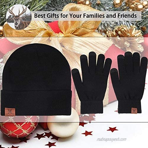 Winter Warm Beanie Hat Touchscreen Gloves Set Soft Skull Cap Gloves Set for Men and Women with Warm Knit Fleece Lined