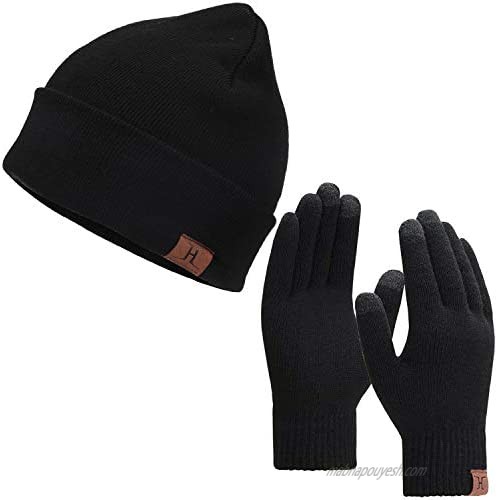 Winter Warm Beanie Hat Touchscreen Gloves Set  Soft Skull Cap Gloves Set for Men and Women with Warm Knit Fleece Lined