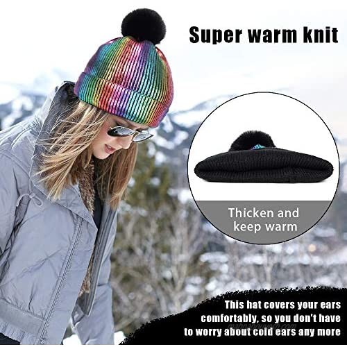 Women Metallic Beanie Chunky Baggy with Faux Fur Pompom Winter Hat Soft Cable Knit Ski Caps