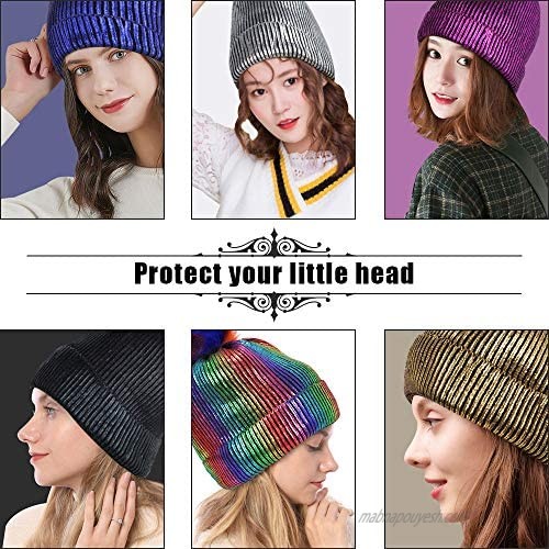 Women Metallic Beanie Chunky Baggy with Faux Fur Pompom Winter Hat Soft Cable Knit Ski Caps