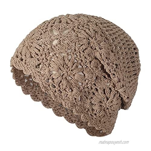 ZLYC Women Cotton Crochet Slouchy Beanie Hat Handmade Knit Cutout Summer Floral Skull Cap