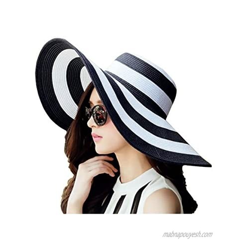 1PCS Women's Lady Grils White+Black Striped Foldable Beachwear Wide Big Brim Elegant Sun Hat Summer Beach Straw Cap UPF 50+