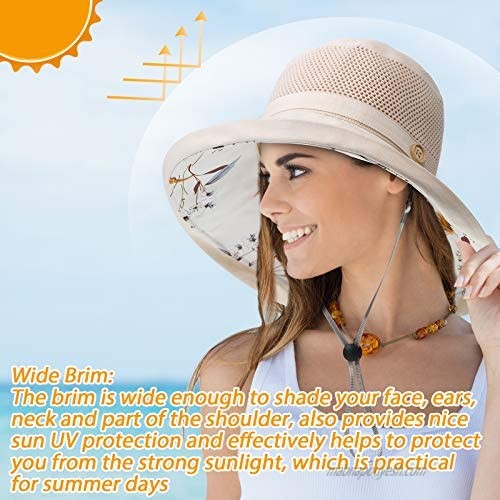 2 Pieces Women Mesh Sun Hats Summer Beach Caps UV Protection Packable Wide Brim Chin Strap with Delicate Packaging Box Black and Beige