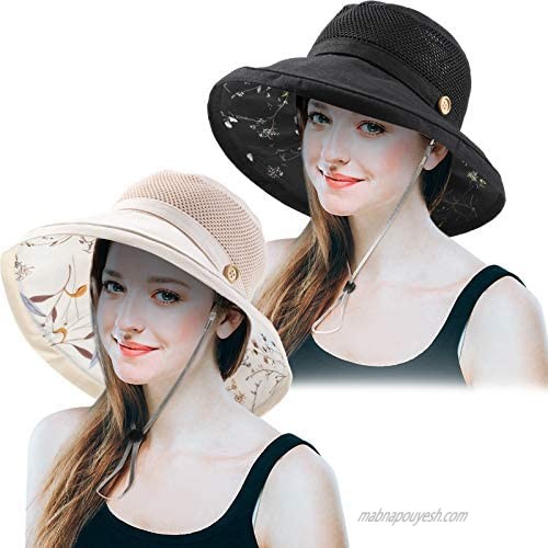 2 Pieces Women Mesh Sun Hats Summer Beach Caps UV Protection Packable Wide Brim Chin Strap with Delicate Packaging Box Black and Beige